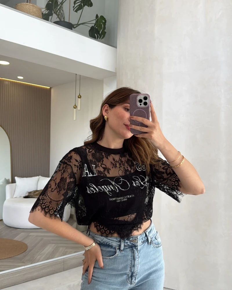 Dantel T-shirt - Siyah - Kod: 1098
