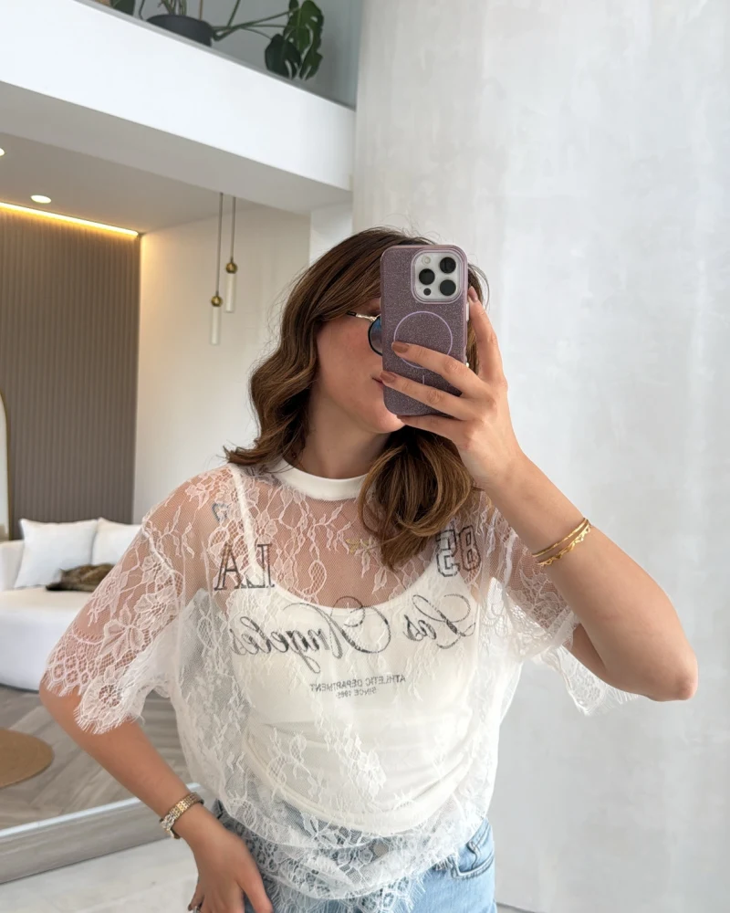 Dantel T-shirt - Ekru - Kod: 1098