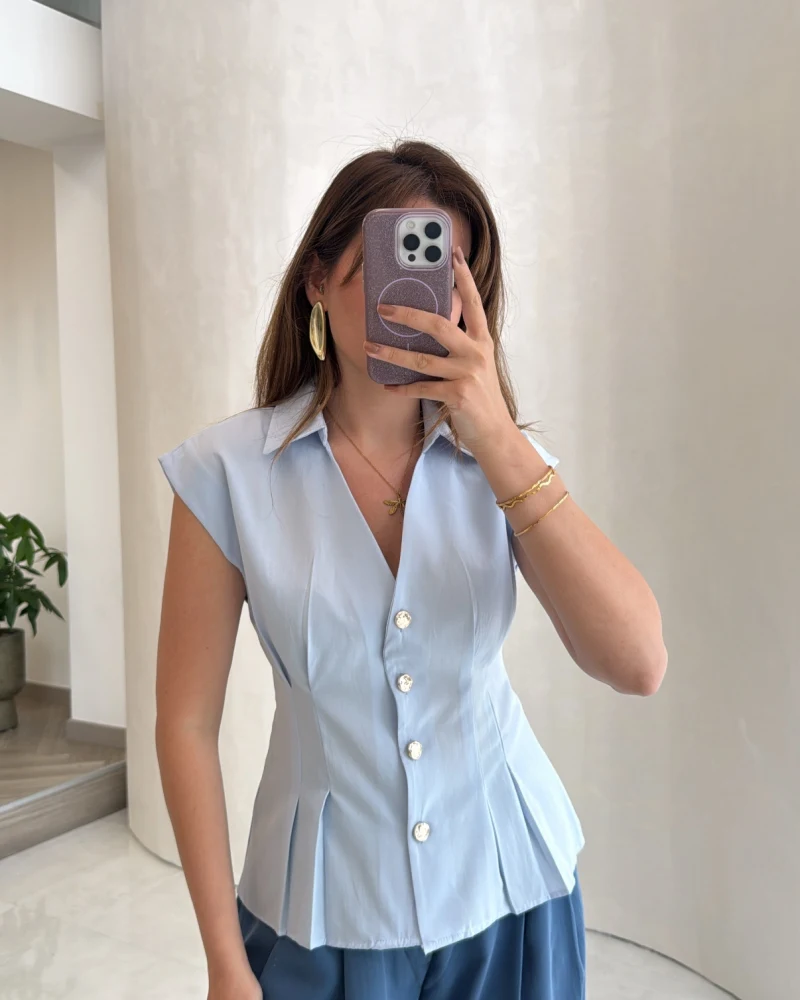 Miela Sıfır Kol Düğmeli Bluz - Mavi - Kod: 2299