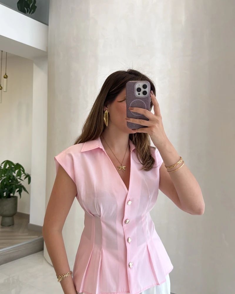 Miela Sıfır Kol Düğmeli Bluz - Pembe - Kod: 2299