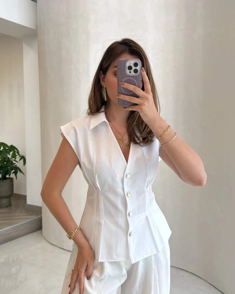 Miela Sıfır Kol Düğmeli Bluz - Beyaz - Kod: 2299