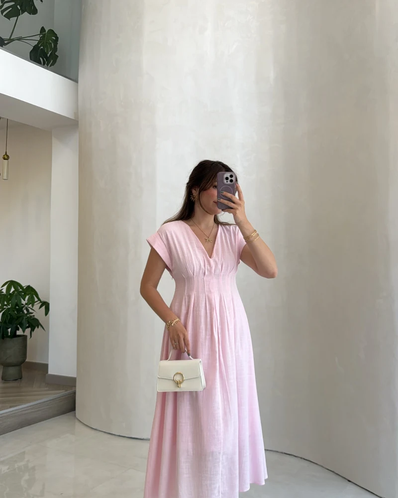 Penny Keten Astarlı Bağlamalı Elbise - Pembe - Kod: 3082