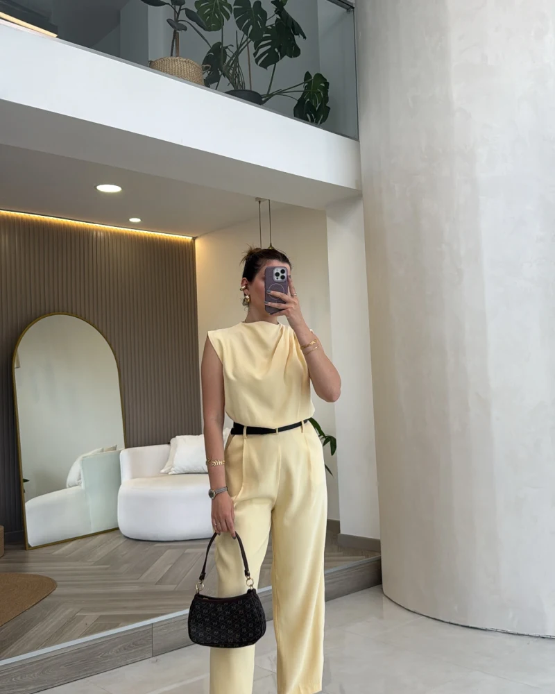 Kemerli Sıfır Kol Tulum - Sarı - Kod: 580907