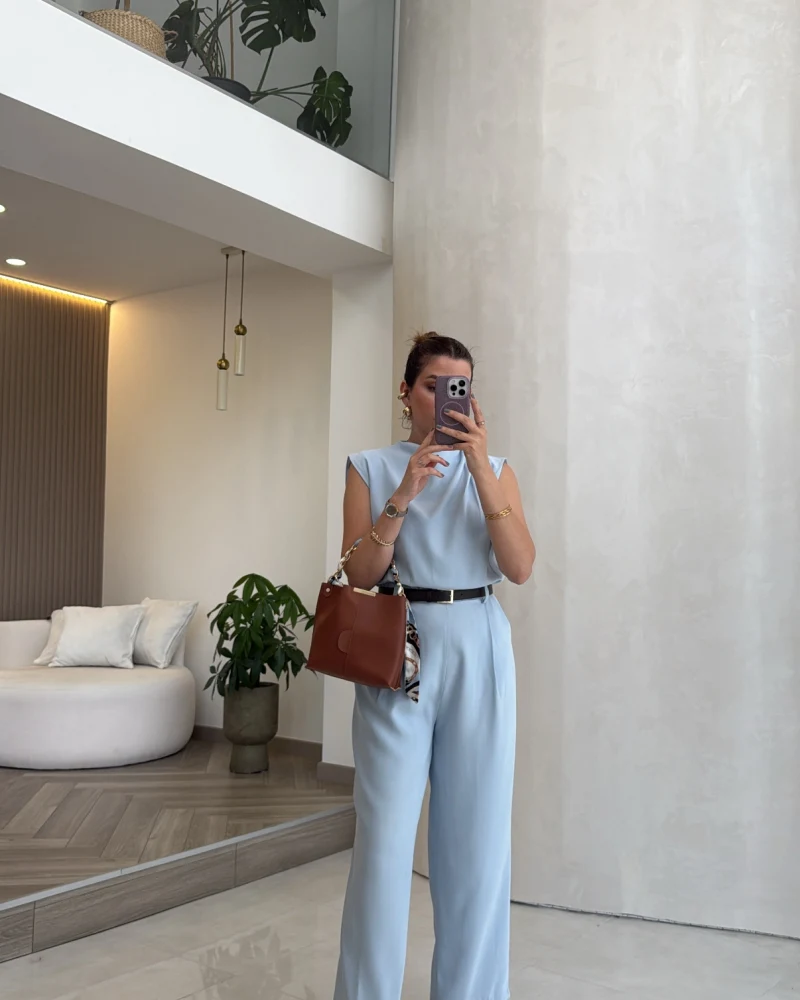 Kemerli Sıfır Kol Tulum - Mavi - Kod: 580907