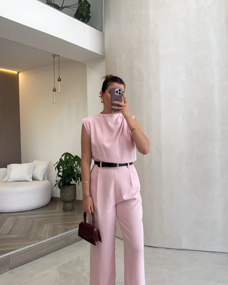 Kemerli Sıfır Kol Tulum - Pembe - Kod: 580907