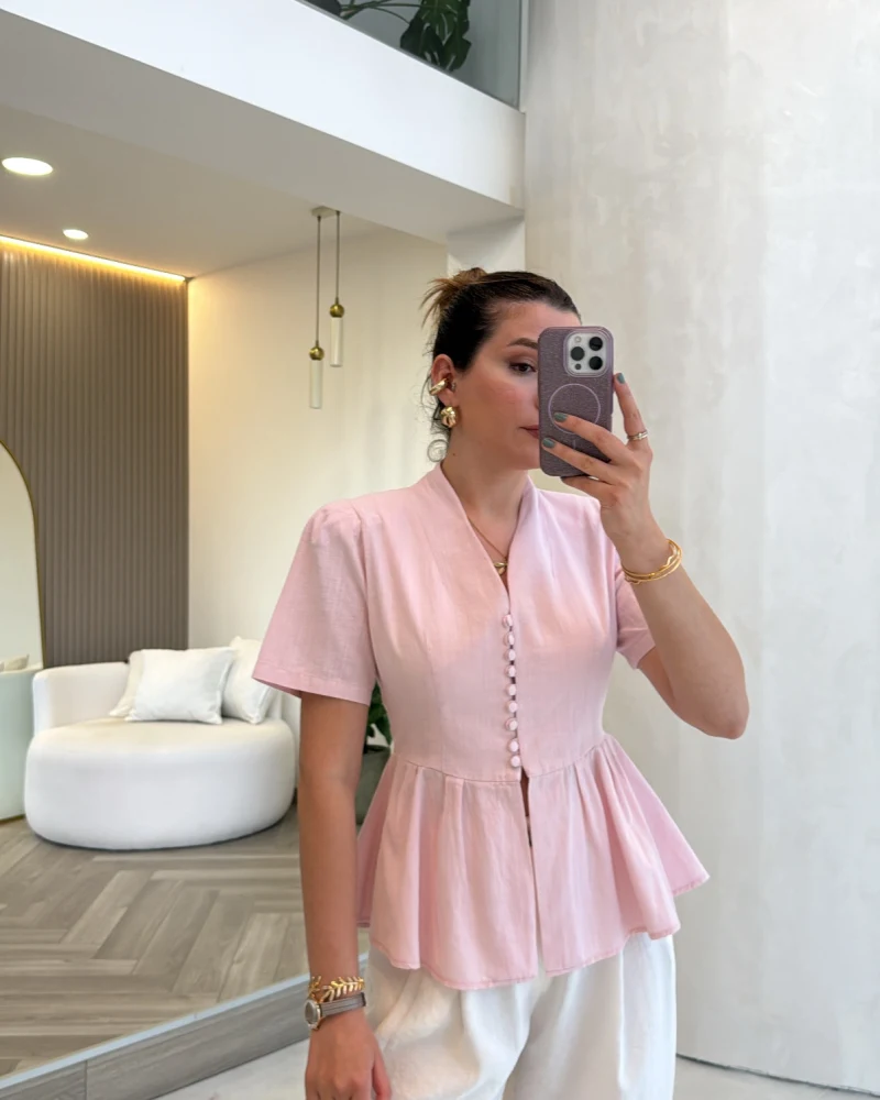 Kolu Vatkalı Bele Oturan Gömlek - Pembe - Kod: 5506