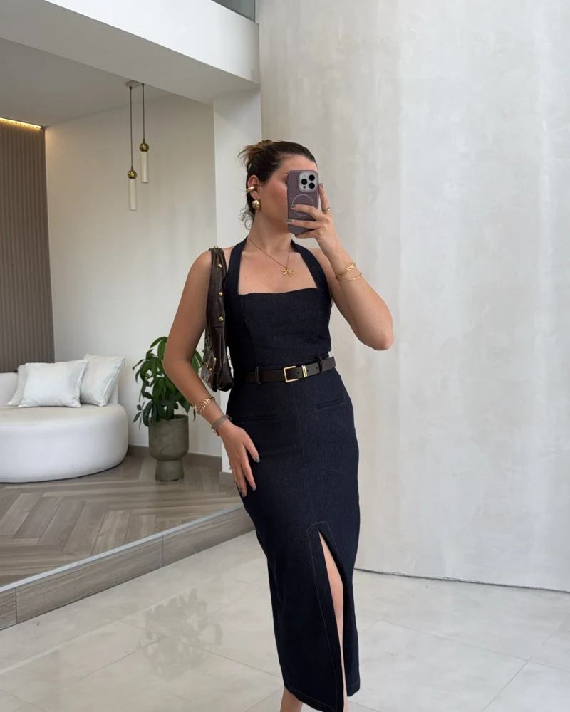 Boyun Askılı Denim Kemerli Elbise - Lacivert - Kod: 3092