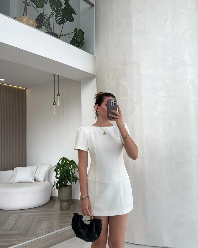 Astarı Şortlu Mini Elbise - Ekru - Kod: 4195