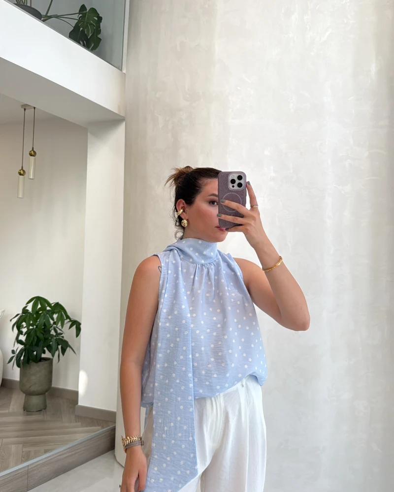 Bağlamalı Puantiye Desenli Bluz - Mavi - Kod: 5502