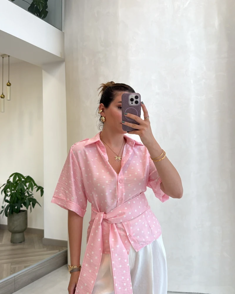 Puantiye Desenli Kemerli Gömlek - Pembe - Kod: 5501