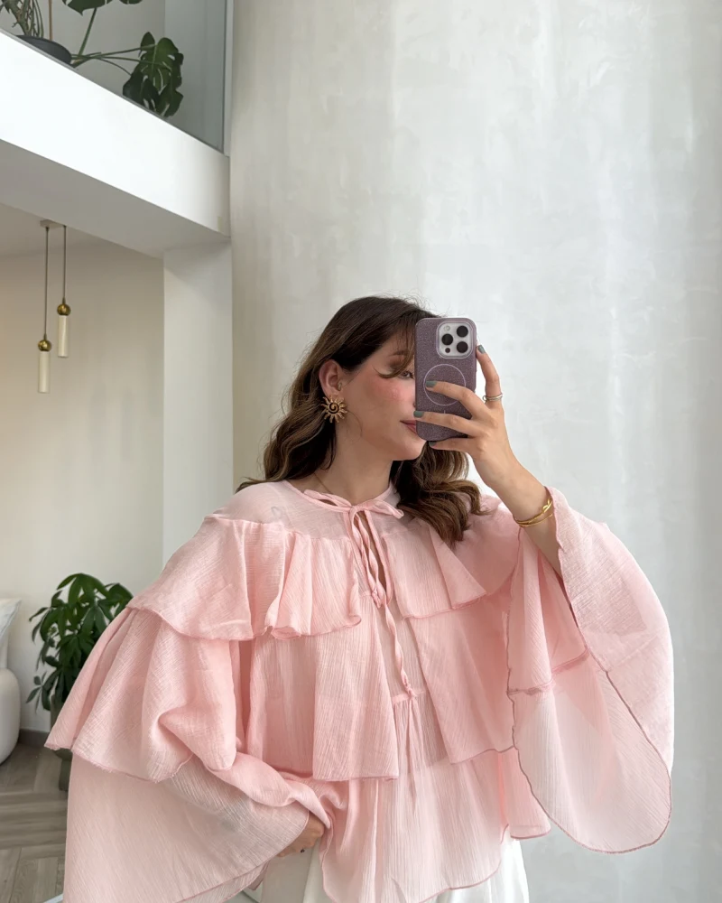 Volanlı Transparan Pamuk Bluz - Pembe - Kod: 5508