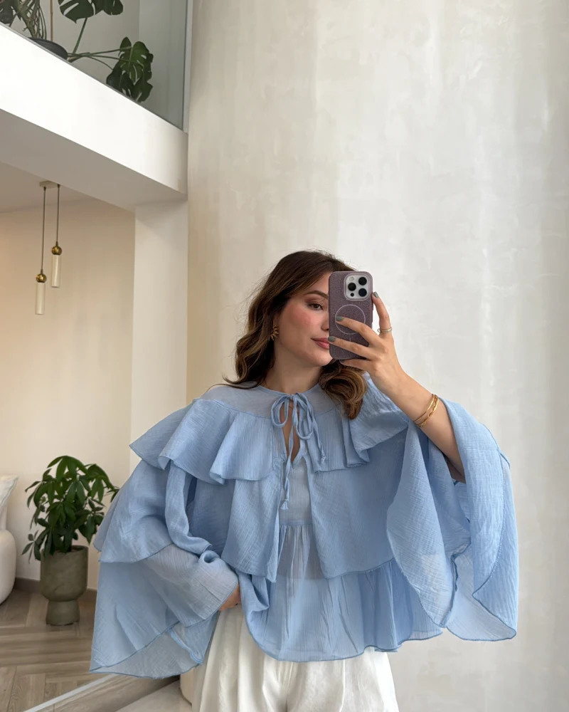 Volanlı Transparan Pamuk Bluz - Mavi - Kod: 5508