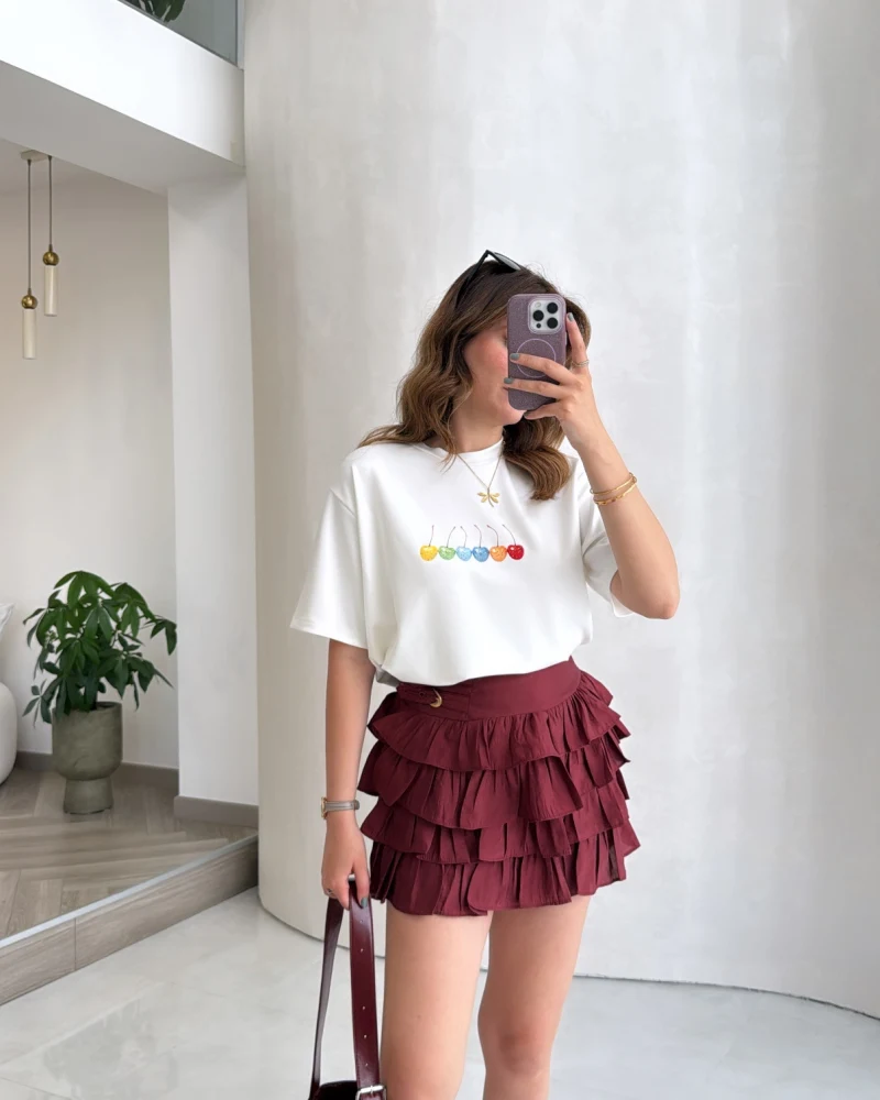 Fırfırlı Modal Mini Etek - Bordo - Kod: 580718