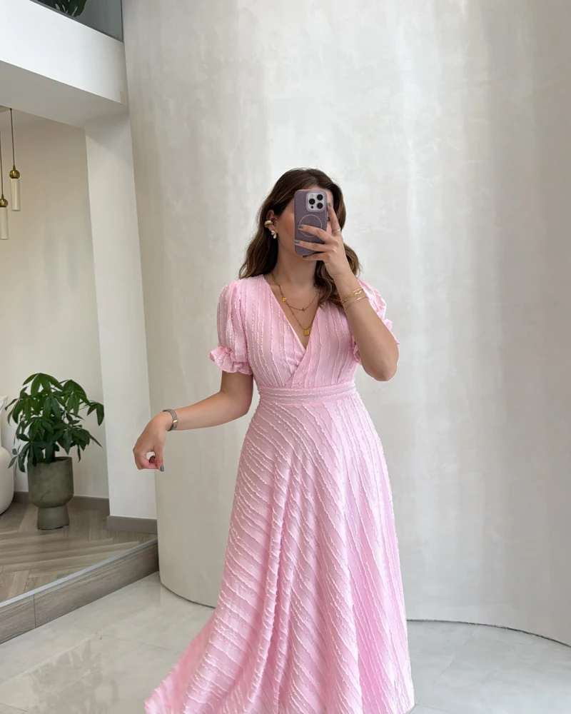 V Yaka Püskül Detay Elbise - Pembe - Kod: 3100