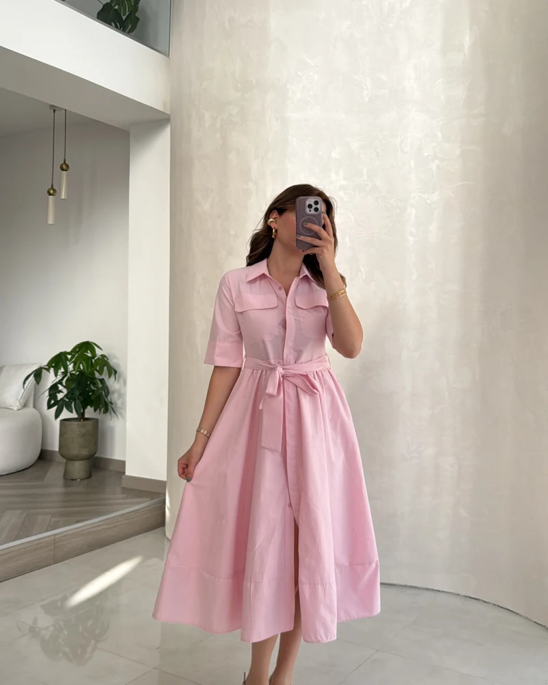 Yarım Kol Kuşaklı Gömlek Elbise - Pembe - Kod: 3087
