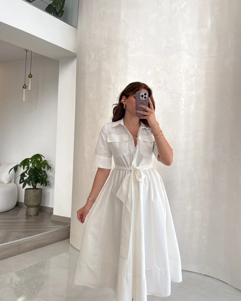 Yarım Kol Kuşaklı Gömlek Elbise - Beyaz - Kod: 3087