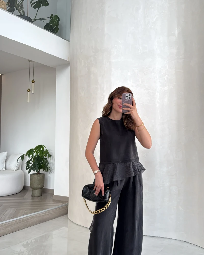 Garnili Sıfır Kol Bluz Pantolon Takım - Siyah - Kod: 51391