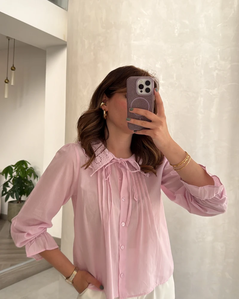 Dantelli Bebe Yaka Gömlek - Pembe - Kod: 2263