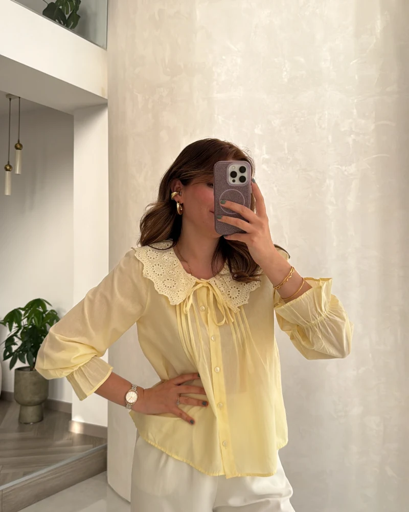 Dantelli Bebe Yaka Gömlek - Sarı - Kod: 2263