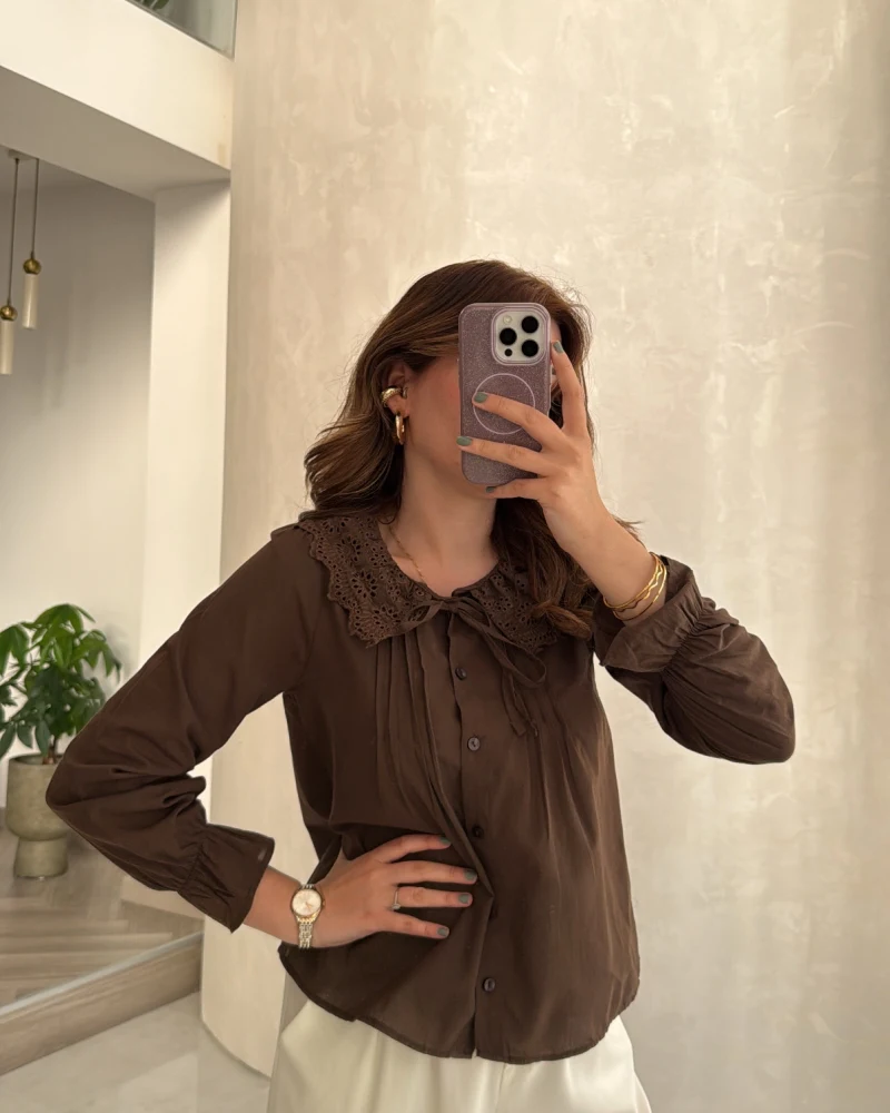 Dantelli Bebe Yaka Gömlek - Acı Kahve - Kod: 2263