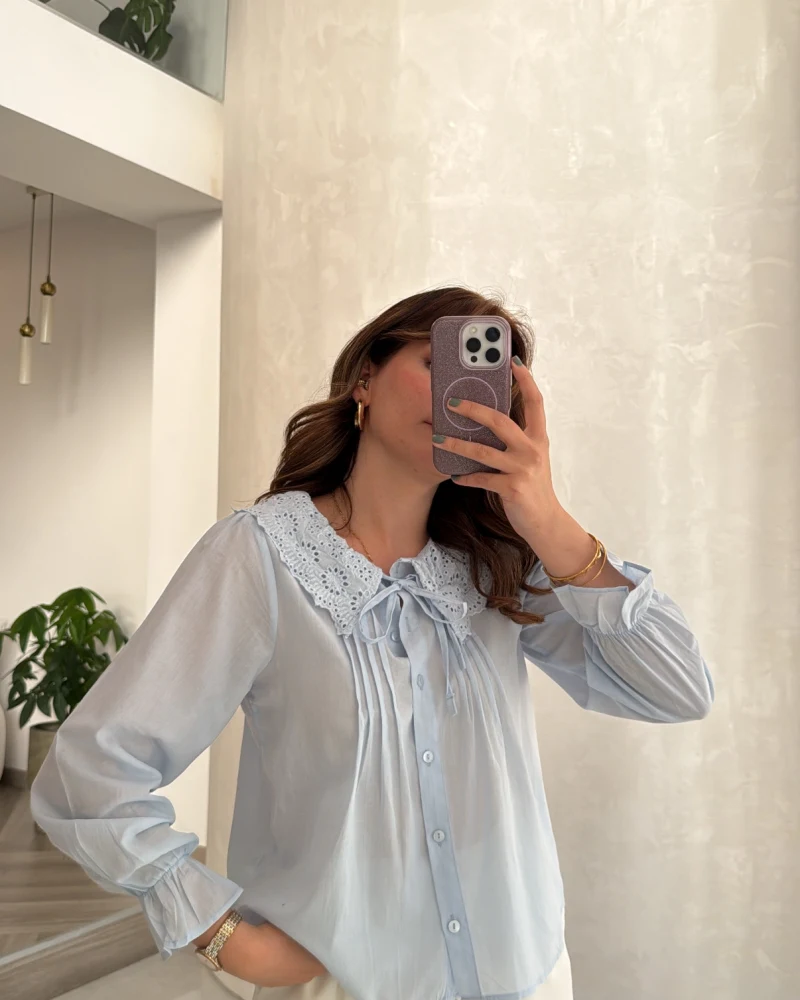 Dantelli Bebe Yaka Gömlek - Bebe Mavisi - Kod: 2263