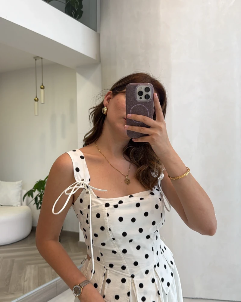 Puantiye Desenli Askılı Korse Bluz - Ekru - Kod: 58559