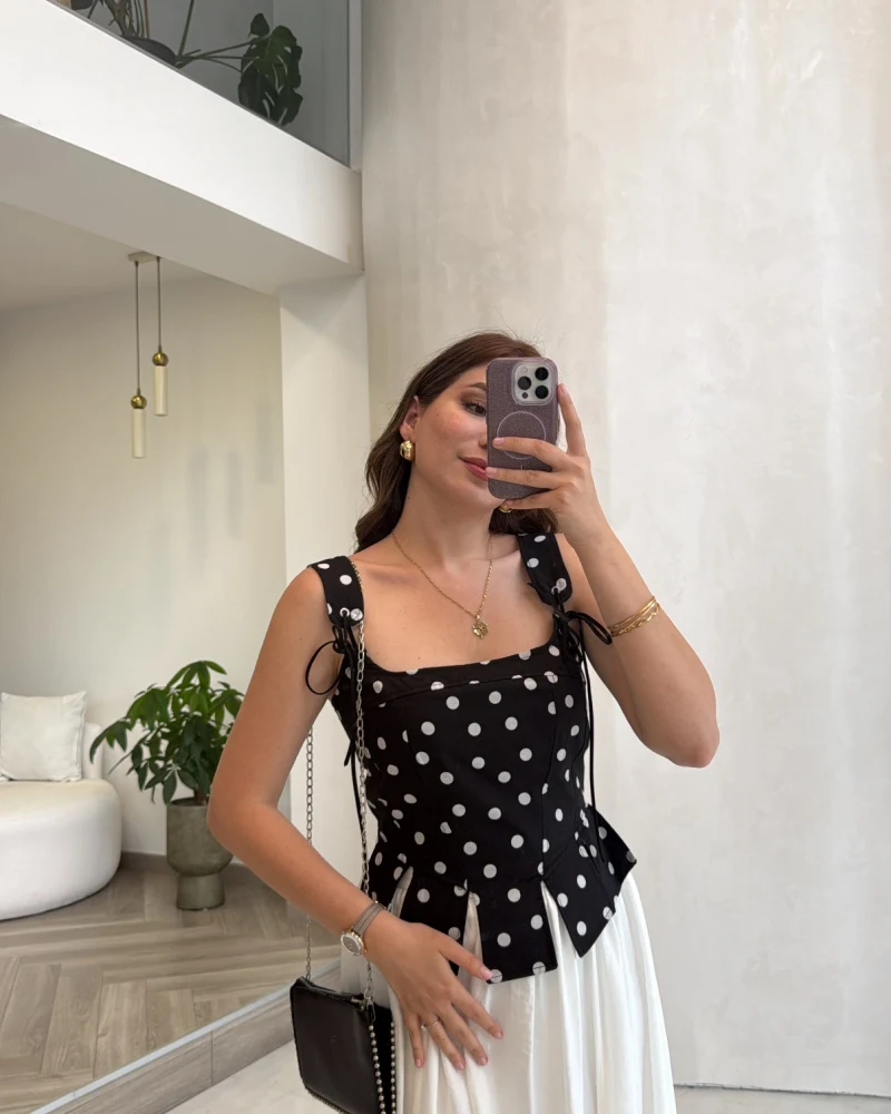 Puantiye Desenli Askılı Korse Bluz - Siyah - Kod: 58559