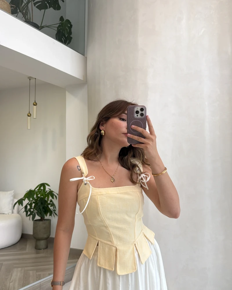 Korse Detay Askılı Crop Bluz - Sarı - Kod: 580930
