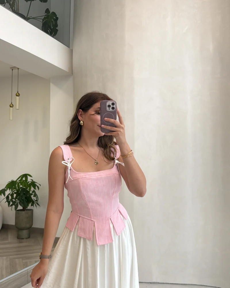 Korse Detay Askılı Crop Bluz - Pembe - Kod: 580930
