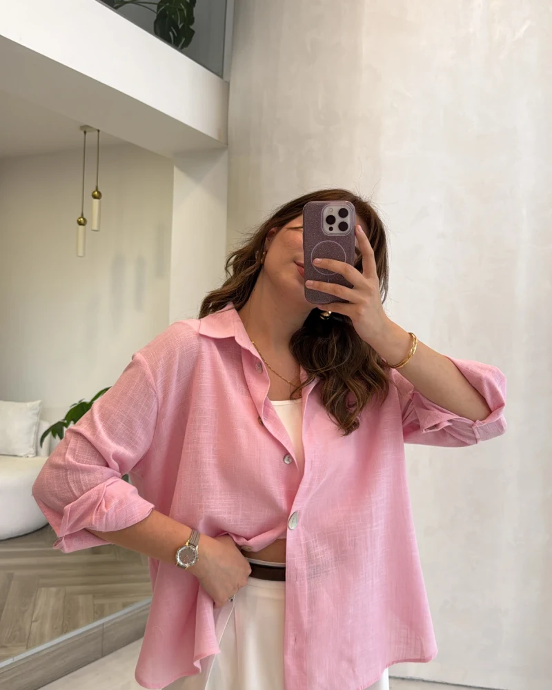 Uzun Kollu Keten Gömlek - Pembe - Kod: 580384