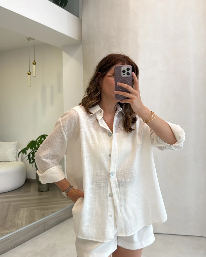 Uzun Kollu Keten Gömlek - Beyaz - Kod: 580384