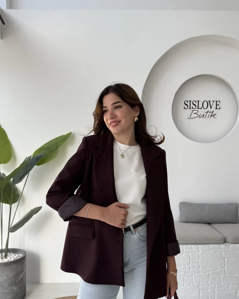 Addison Çizgi Detay Blazer Ceket - Bordo - Kod: 7560