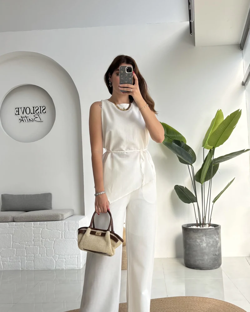 Adel Kuşaklı Asimetrik Bluz Pantolon Takım - Beyaz - 8784