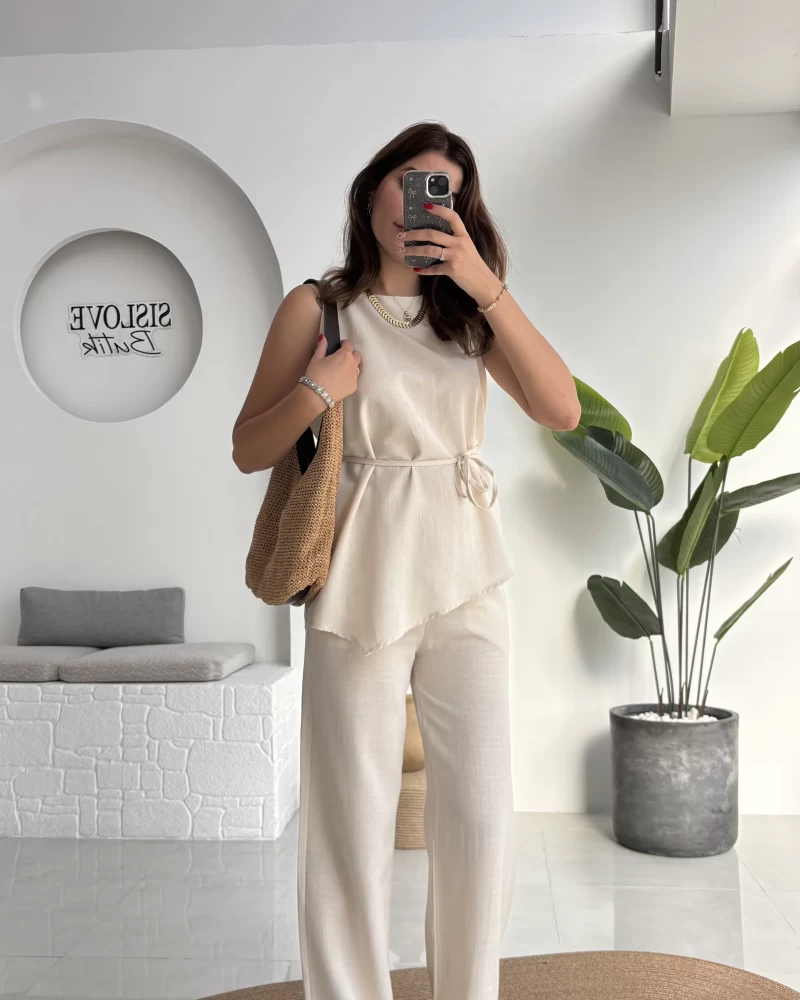 Adel Kuşaklı Asimetrik Bluz Pantolon Takım - Natural - 8784