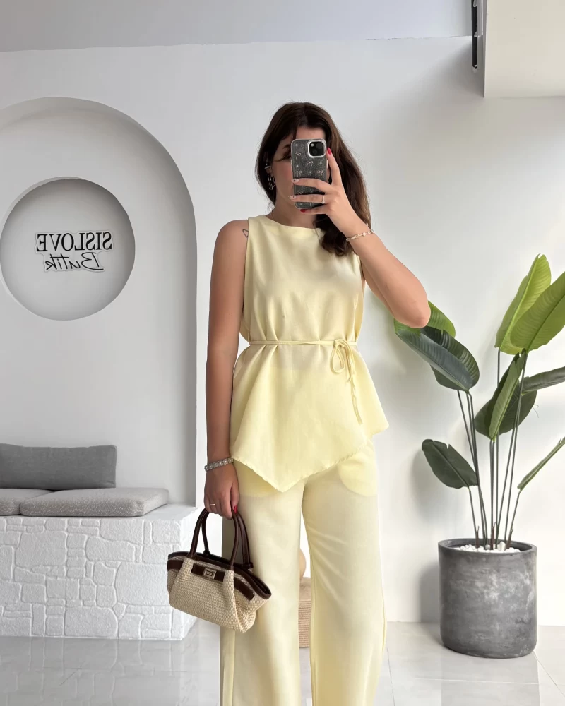 Adel Kuşaklı Asimetrik Bluz Pantolon Takım - Sarı - 8784