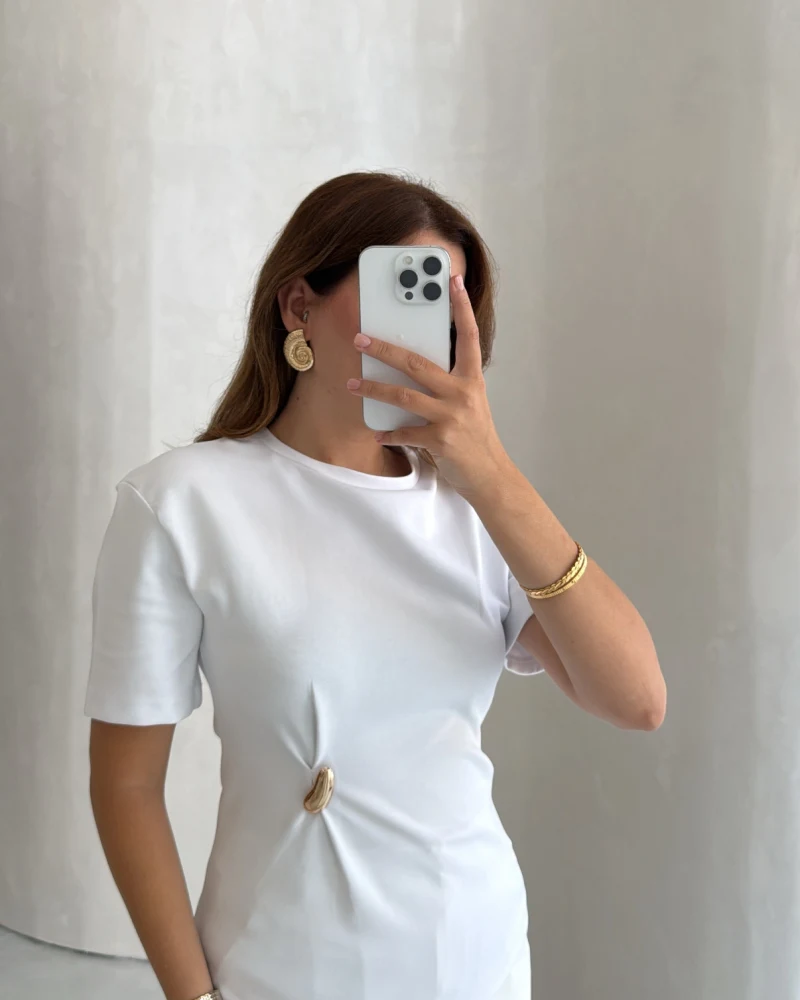 Aksesuar Detay Yarım Kol Bluz - Beyaz - Kod: 32445