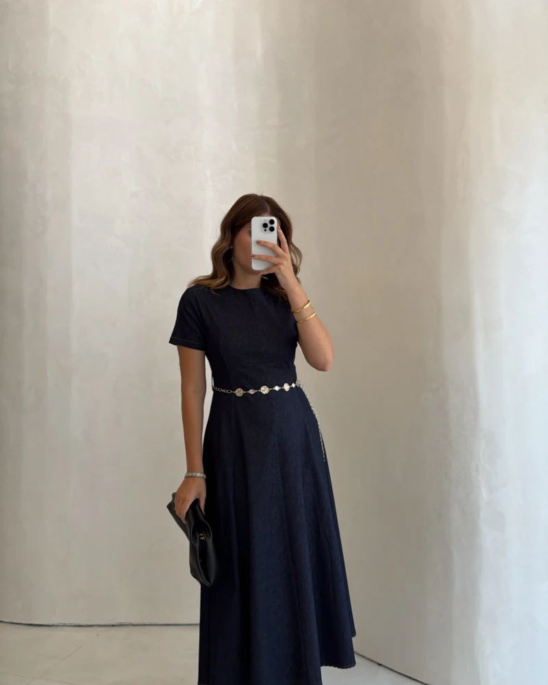 Aksesuar Kemerli Denim Elbise - Lacivert - Kod: 1056