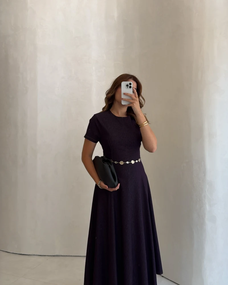 Aksesuar Kemerli Denim Elbise - Mürdüm - Kod: 1056