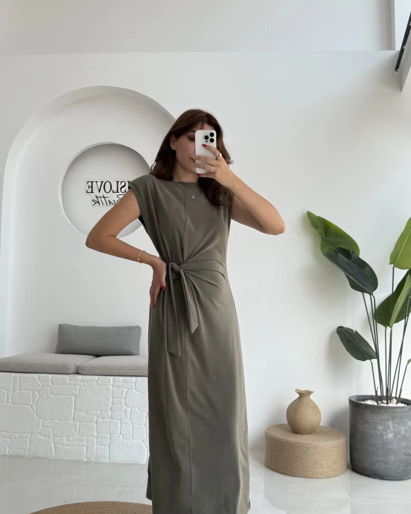 Alesia Bağlamalı Vatkalı Elbise - Haki - Kod:2131