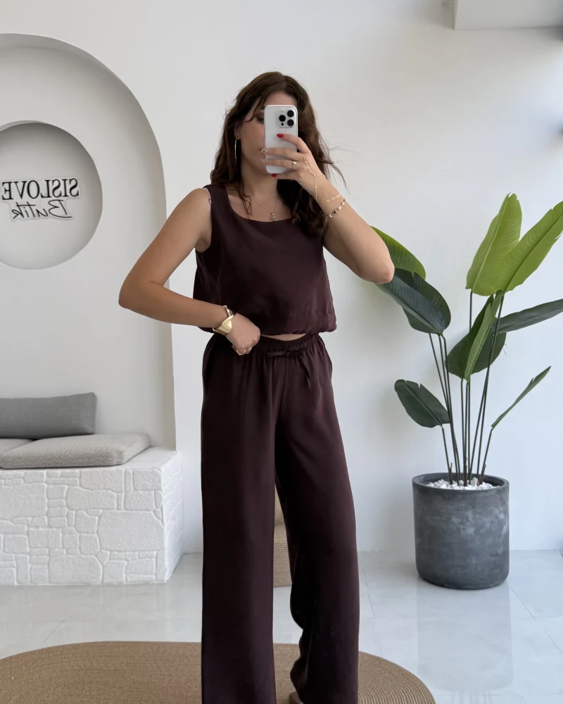 Alex Beli Lastik Detay Modal Takım - Bordo Kahverengi - 8013
