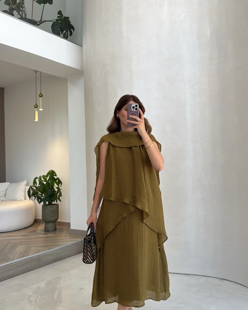 Alina Kat Kat Sıfır Kol Şallı Elbise - Olive - Kod: 3446