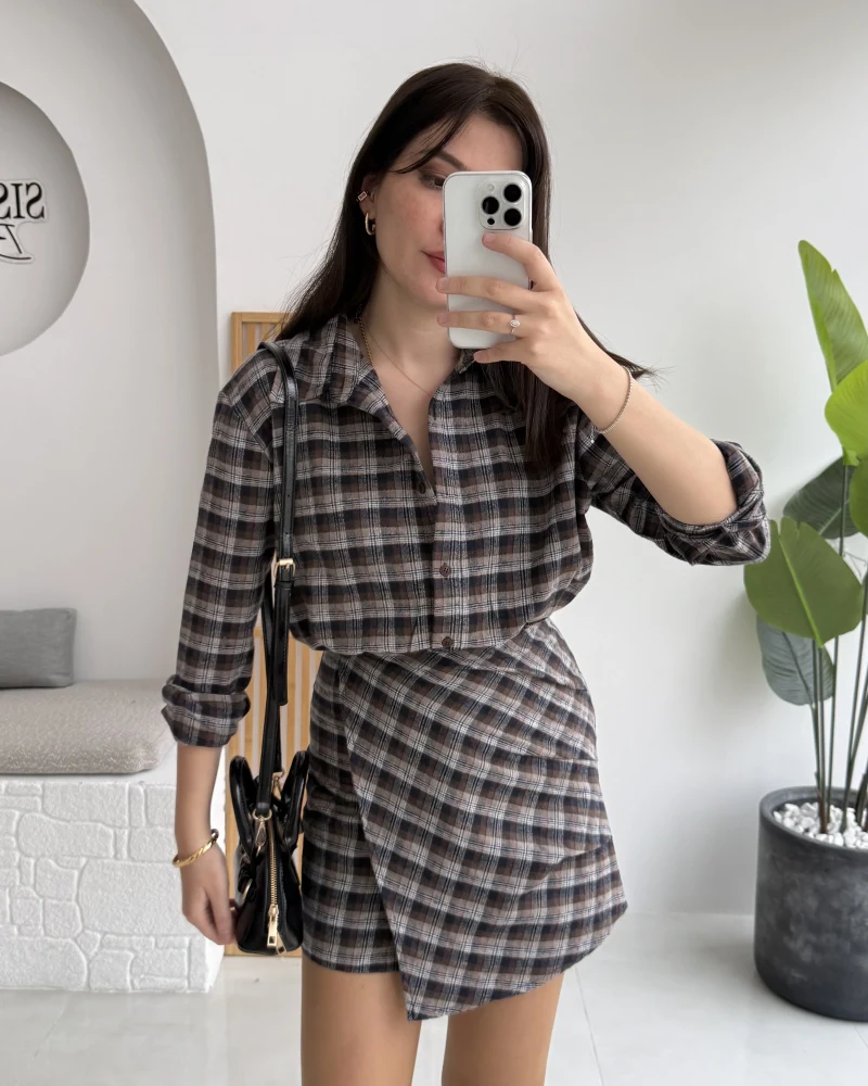 Aller Ekose Desenli Etekli Gömlek Elbise - Kahverengi