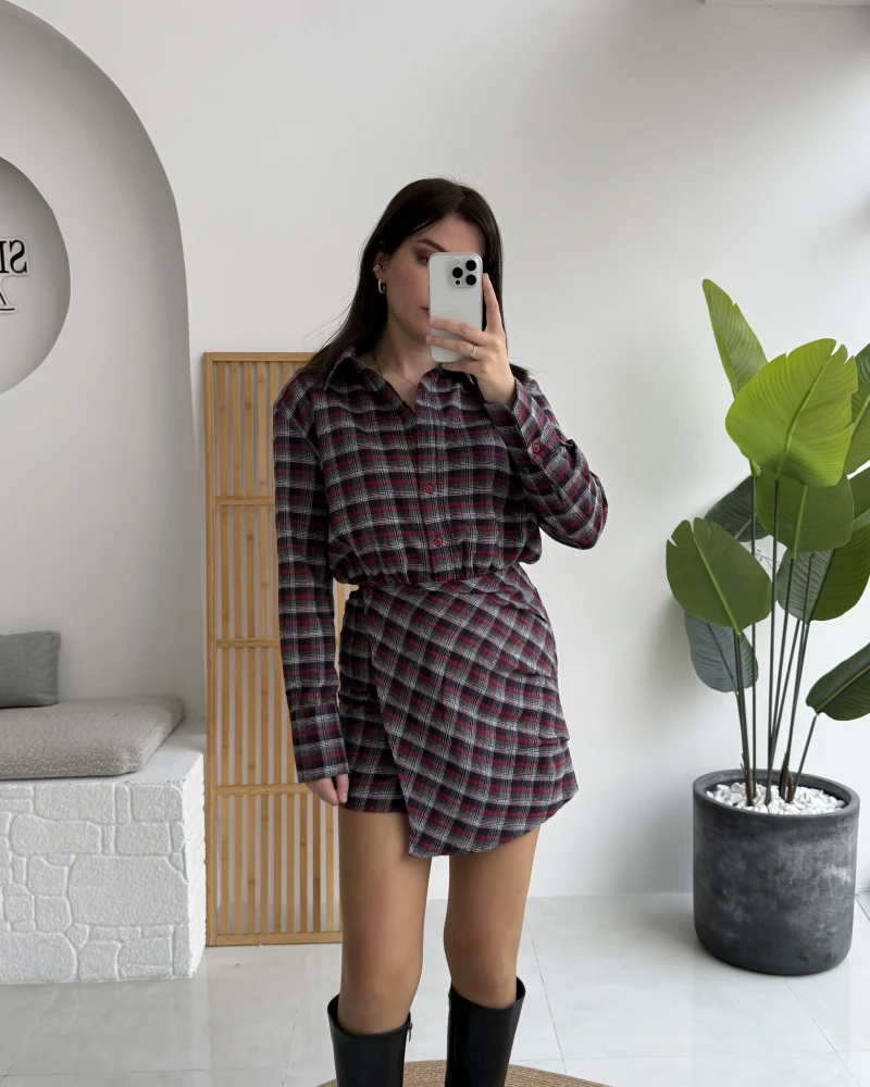 Aller Ekose Desenli Etekli Gömlek Elbise - Kırmızı