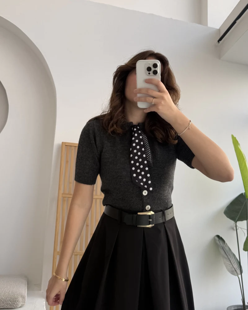 Amelia Fularlı CROP Hırka - Antrasit - Kod: 4561