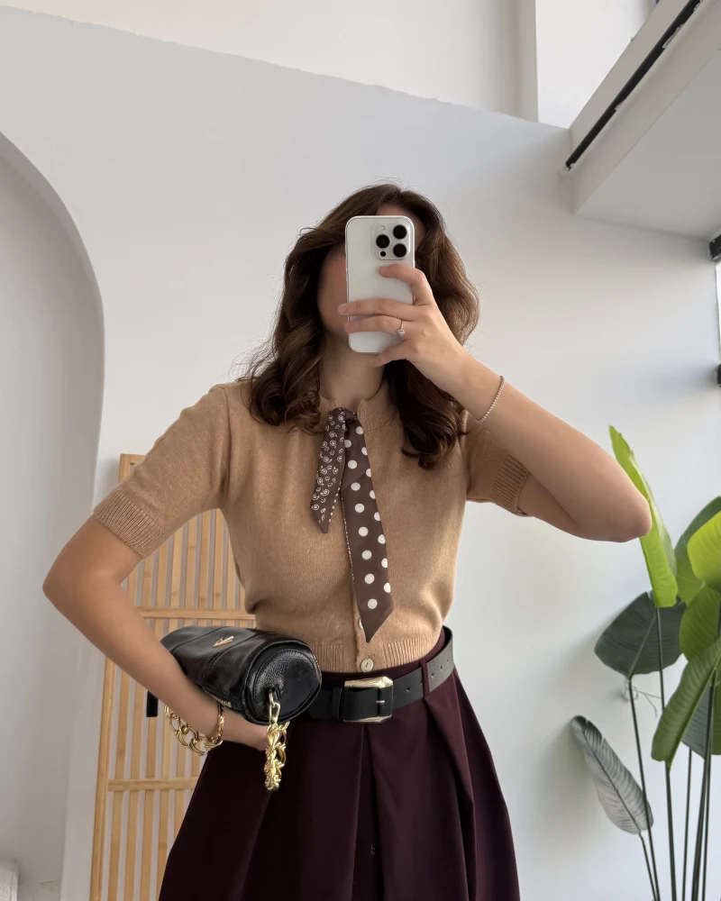 Amelia Fularlı CROP Hırka - Camel - Kod: 4561