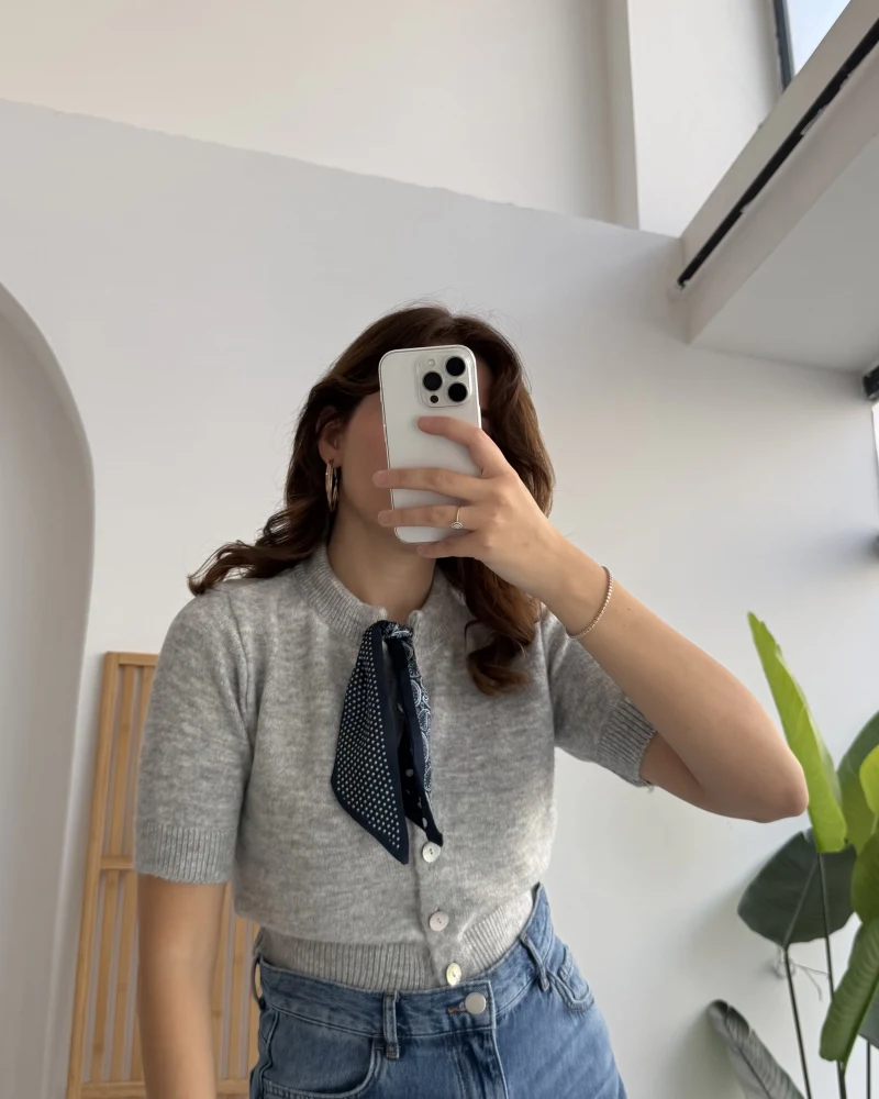 Amelia Fularlı CROP Hırka - Gri - Kod: 4561