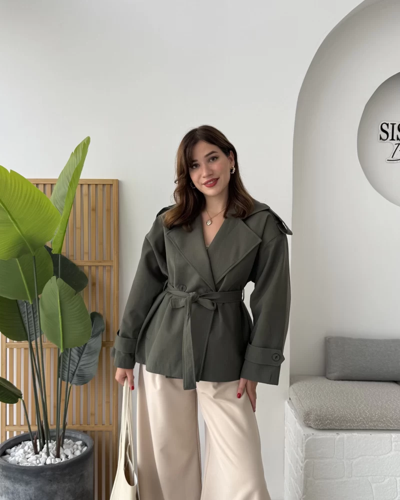 Anastasia Kuşaklı Kısa Trençkot - Haki - Kod: 9609