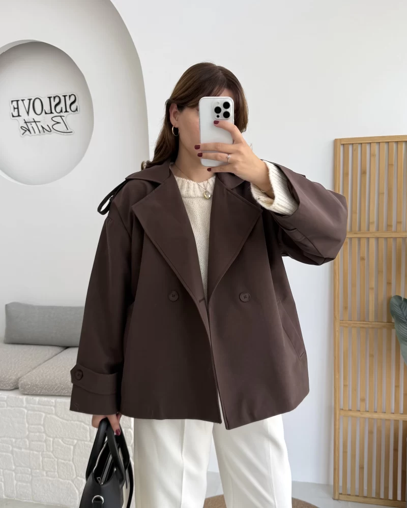 Anastasia Kuşaklı Kısa Trençkot - Kahve - Kod: 9609