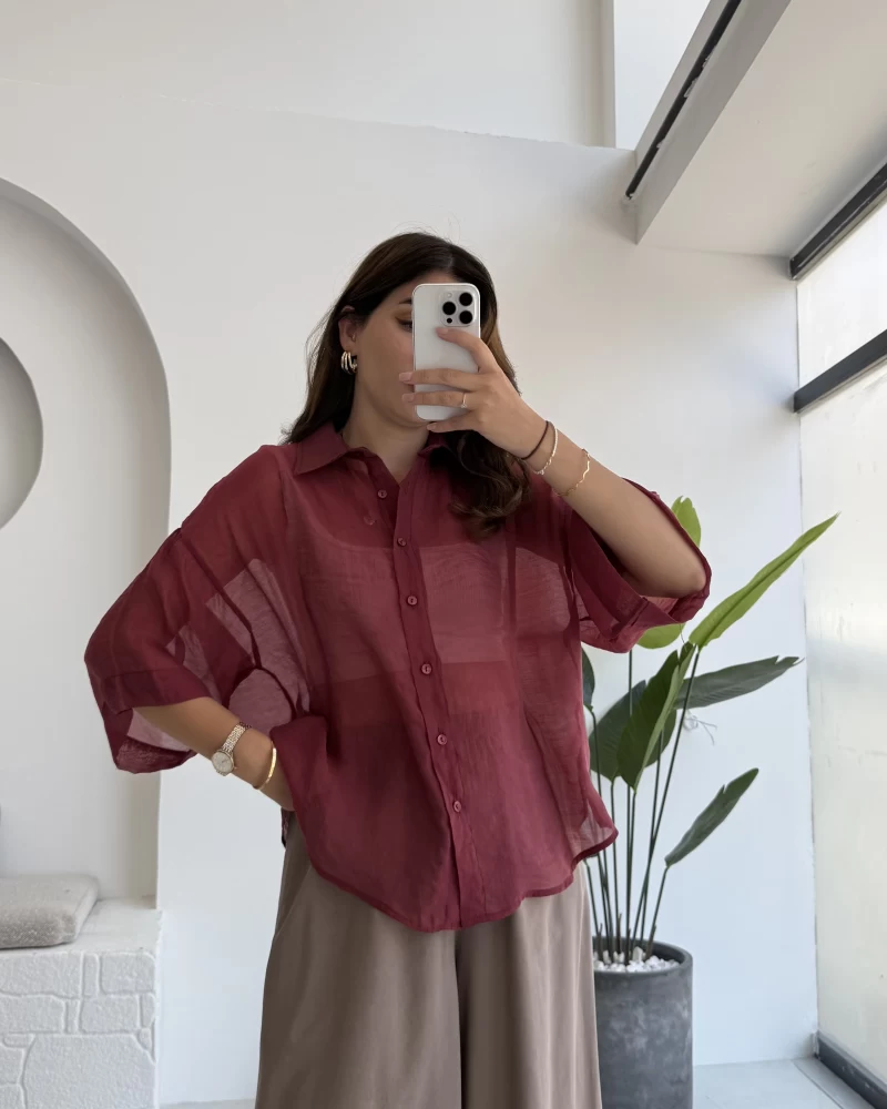 Andora Oversize İpeksi Gömlek - Bordo - Kod: 4927