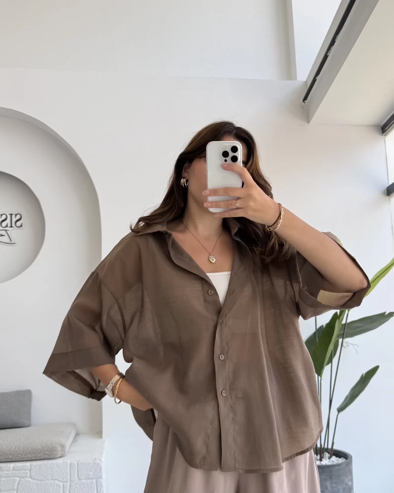 Andora Oversize İpeksi Gömlek - Kahve - Kod: 4927